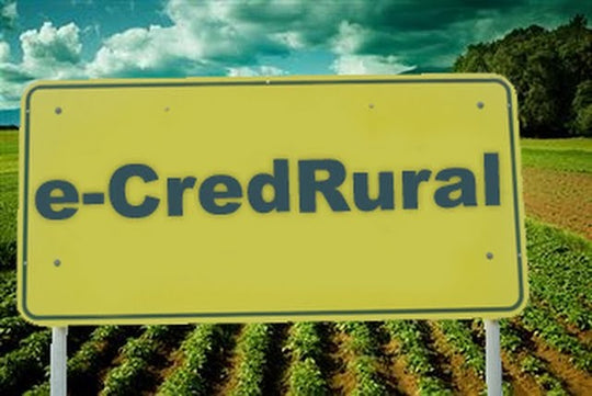 Uma placa amarela com os dizeres "e - CredRural" em frente a um campo.