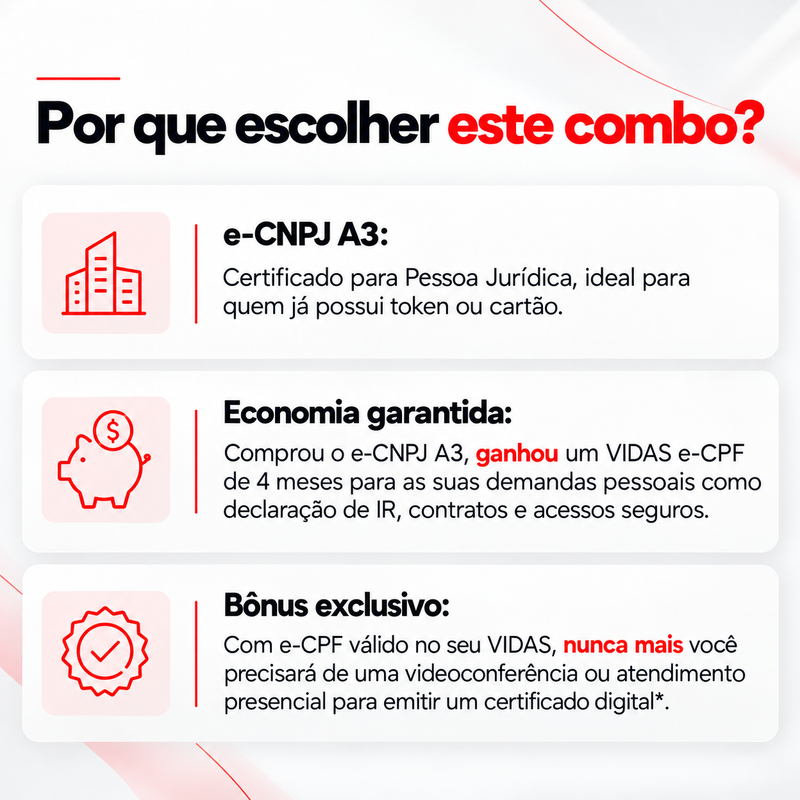 e-CNPJ A3 - Sem Mídia - 2 anos + e-CPF Nuvem 4 Meses (Combo)